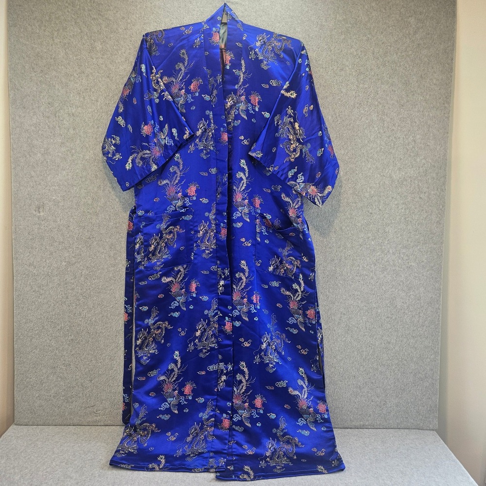 GOLDEN DRAGON Robe Kimono M Blue Silk Brocade Dragon Phoenix Vintage Loungewear